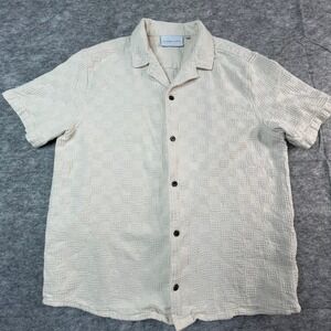 PLENUM STUDIO Mens XL Shirt Ivory Cotton Textured Thick Camp Shirt